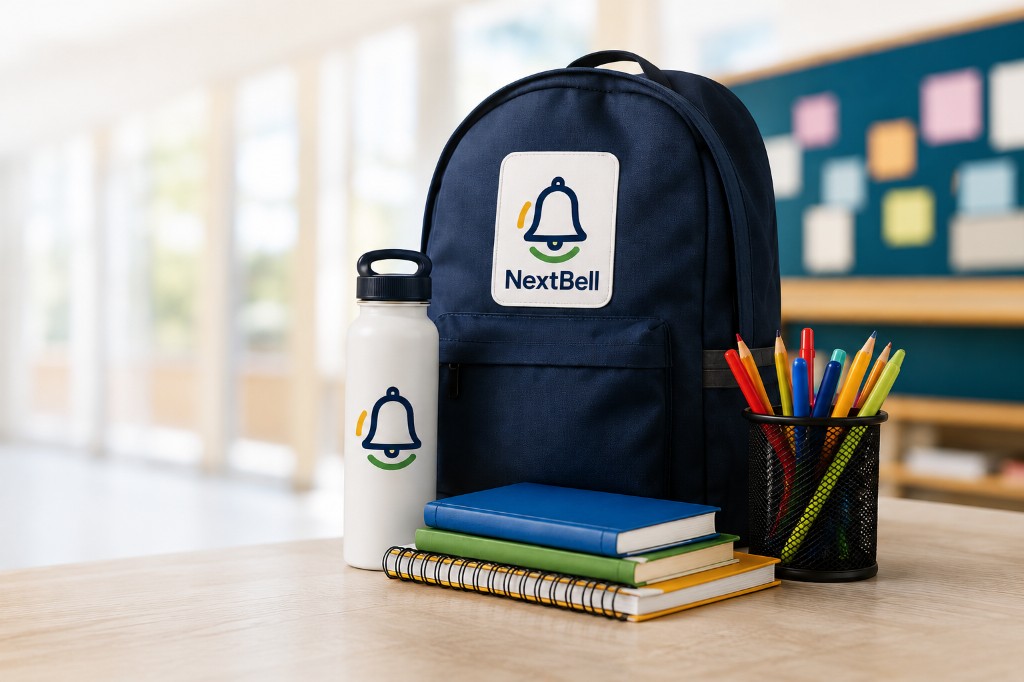 Students and school supplies in a bright classroom